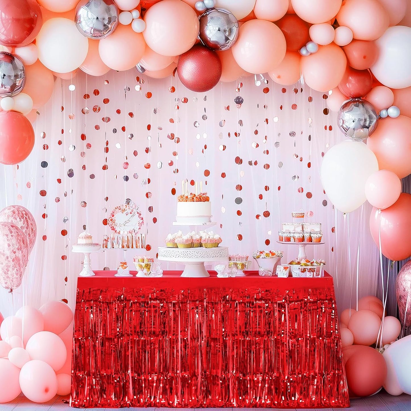 2 Pack Red Dark Blue Table Skirts, 29x108" Metallic Foil Tinsel Fringe Table Skirt for Rectangle Tables Streamer Curtains Backdrop, Party Decorations for Birthdays, Weddings, Holidays