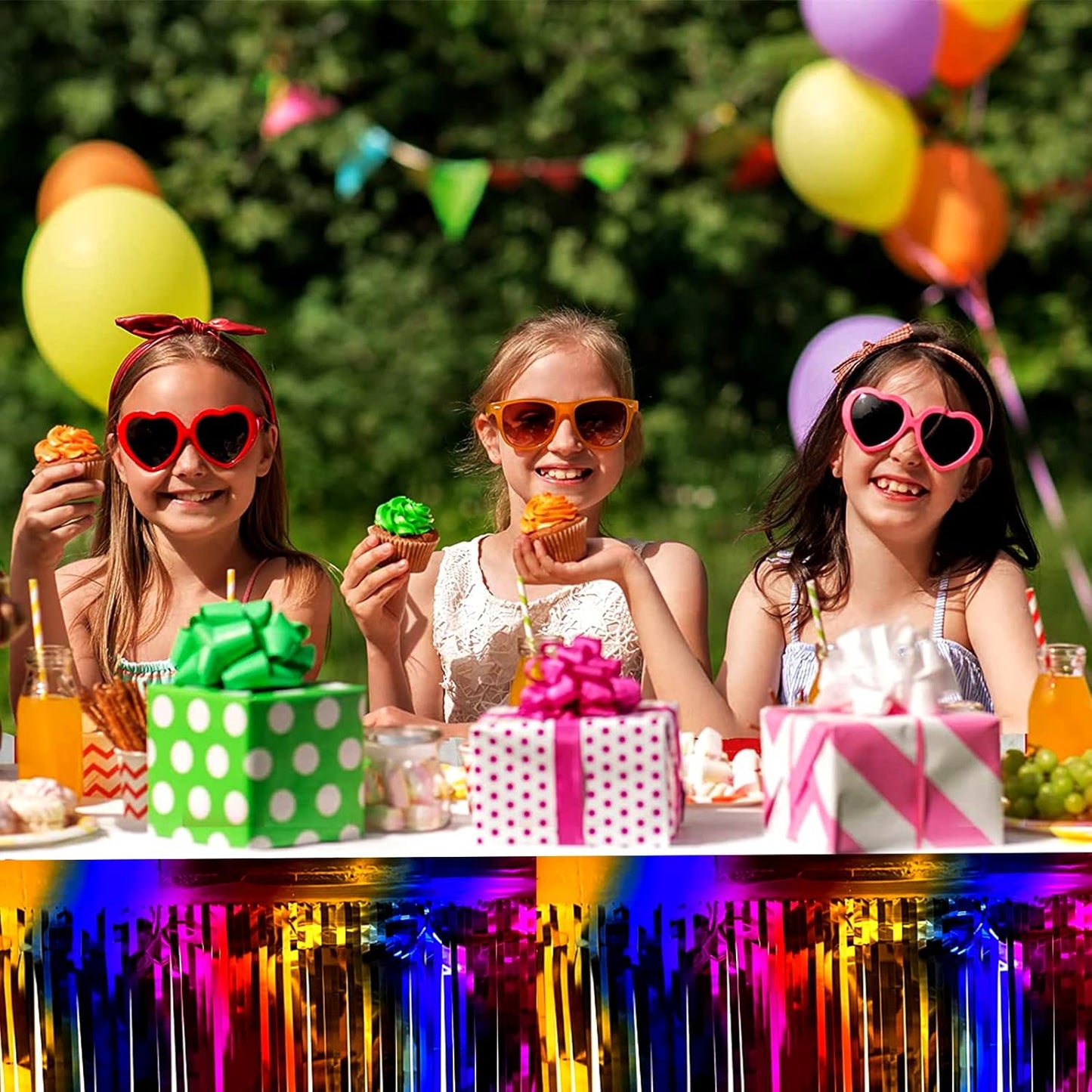 4 Pack 29x108 Inch Metallic Foil Fringe Tinsel Table Skirts for Rectangle Tables Streamer Backdrop for Wedding, Birthday, Parade Floats, Christmas, Halloween Party Decoration(Rainbow)