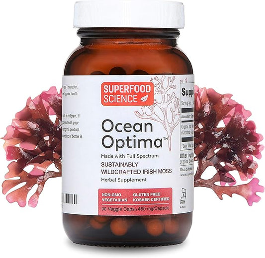 Ocean Optima Wild Irish Sea Moss Organic & Kosher, 100% Natural Sea Kelp Iodine Supplement, Minerals & Amino Acids for Thyroid, Hair Skin Nail, Digestion, Chondrus Crispus, Gym Essentials, 90 Caps