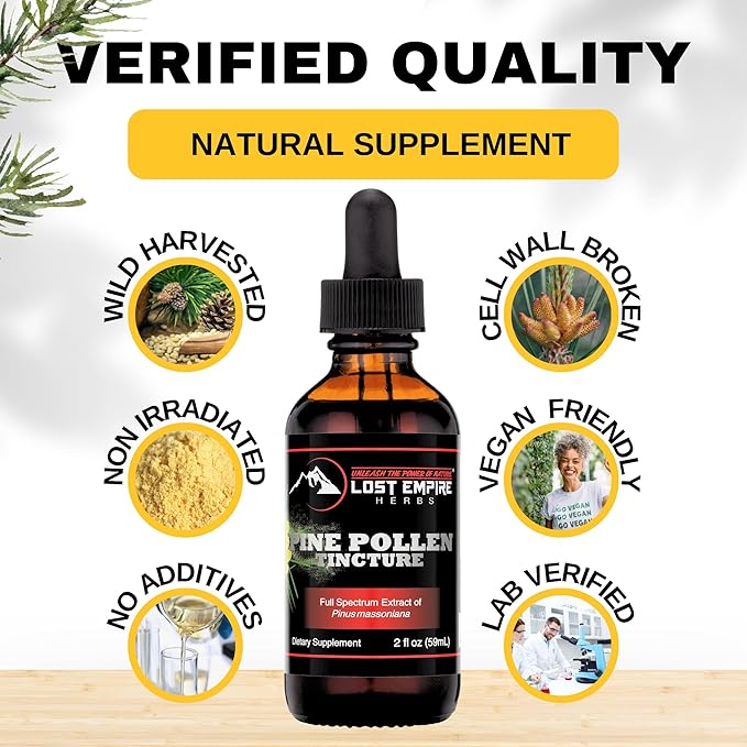 Pine Pollen Tincture Pine Pollen Liquid Extract for Testosterone - Alcohol Tincture is Superior for Better Absorption, 3rd Party Lab Tested (2 Ounce)