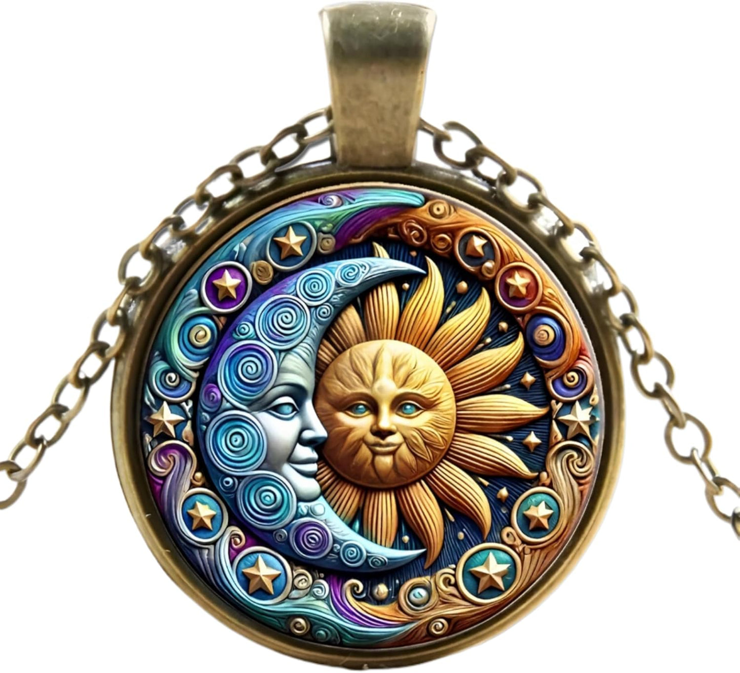 1pc Stunning Round Pendant Necklace - Unique Sun & Moon Pattern, Oil Painting Style Glass Mosaic, Alloy Construction, Trendy Sweater Chain, Fashionable Gift for Women - Christmas or Birthday Gift