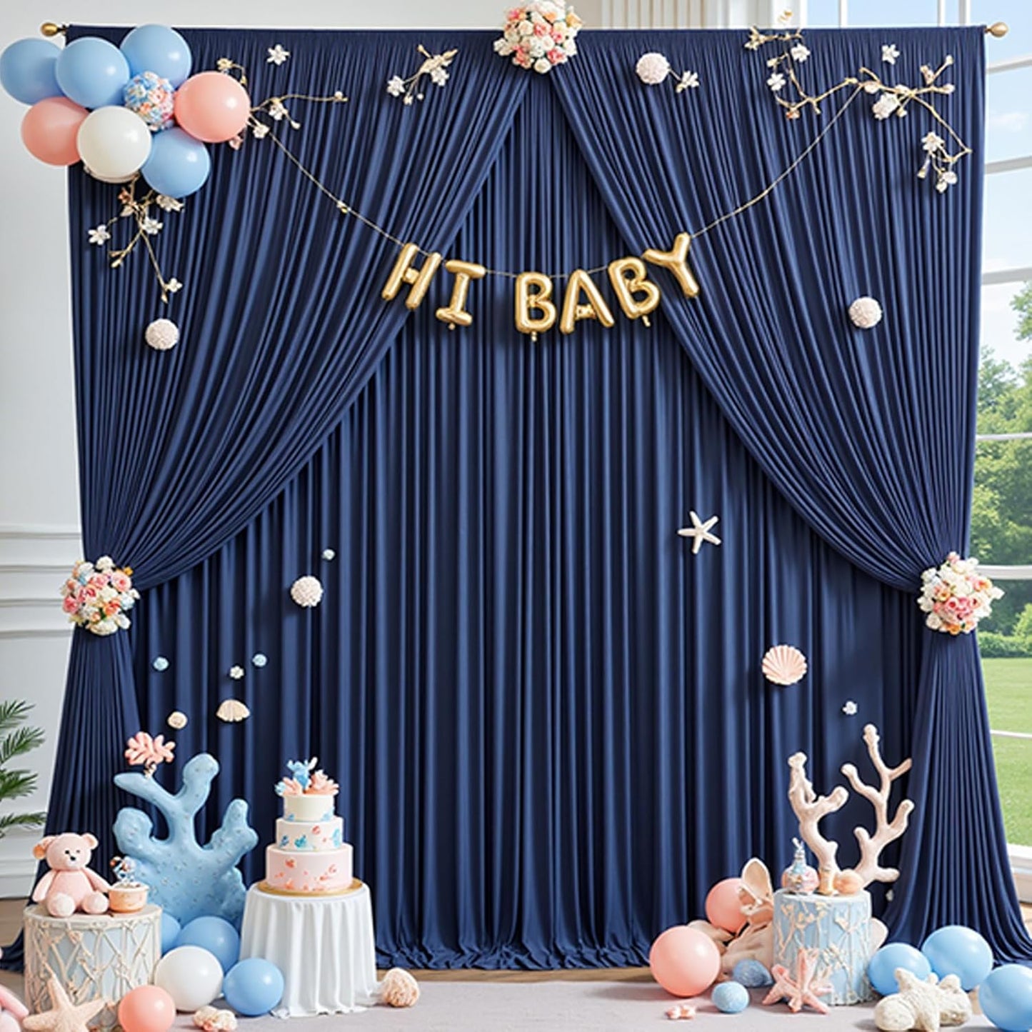 40×14ft Wrinkle Free Navy Blue Backdrop Curtain for Wedding Parties,8 Panels 5×14ft Height Soft Silky Polyester Photo Backdrop Drapes Curtains for Birthday Photography Stage Events Background Cloth