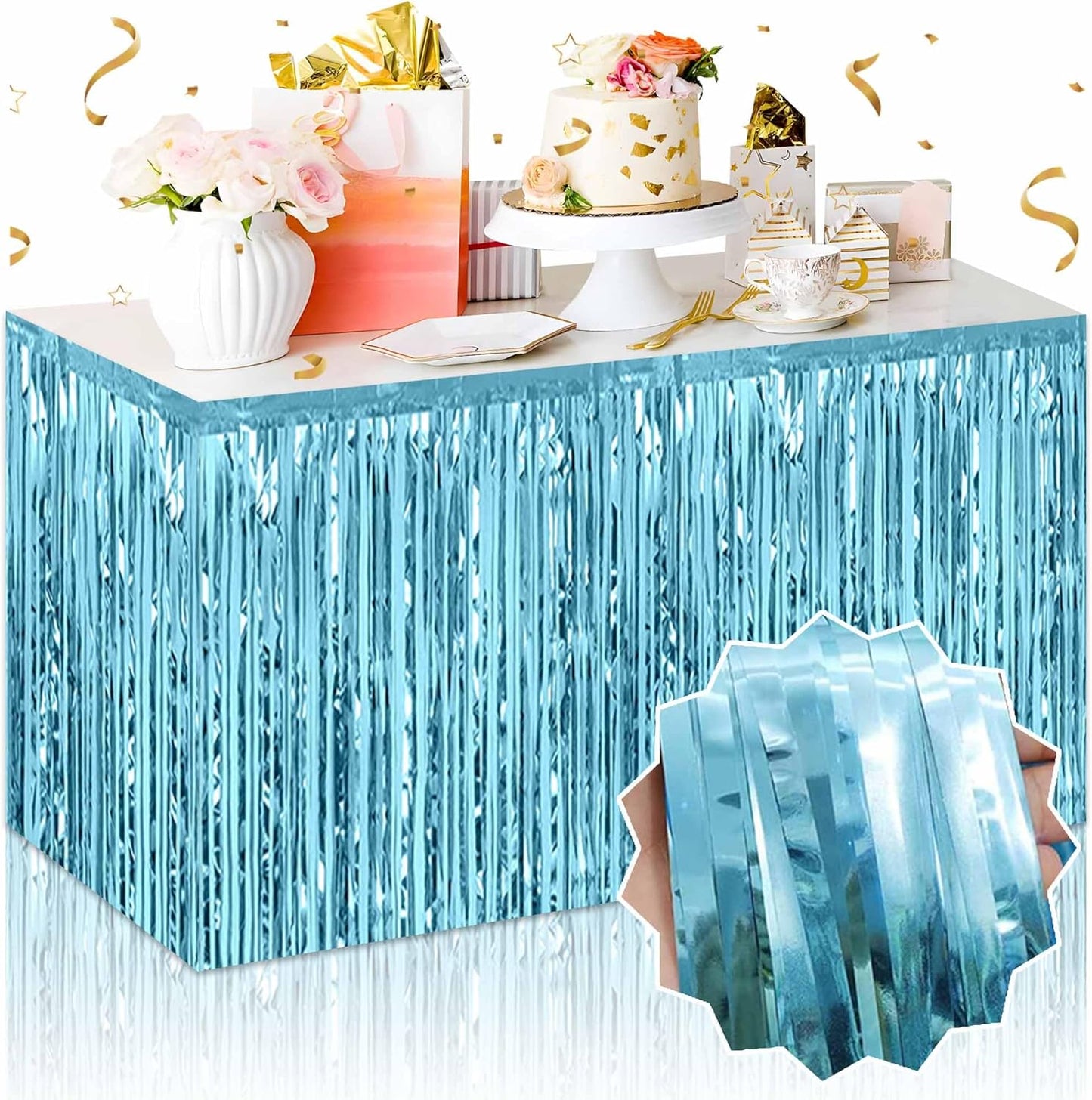 3 Pack 29 x108 Inch Light Blue Foil Fringe Table Skirts Metallic Banner for Tinsel Streamer Garland Backdrop for Parade Floats Mother's Day, Graduate, Birthday, Wedding Party Decoration