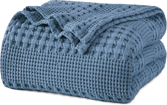 PHF 100% Cotton Waffle Weave Blanket Twin Size for Bed, Soft Lightweight & Breathable, All-Season Comfort, Luxury Aesthetic Woven Bedding for Home Decor, 66"x90", Captain's Blue