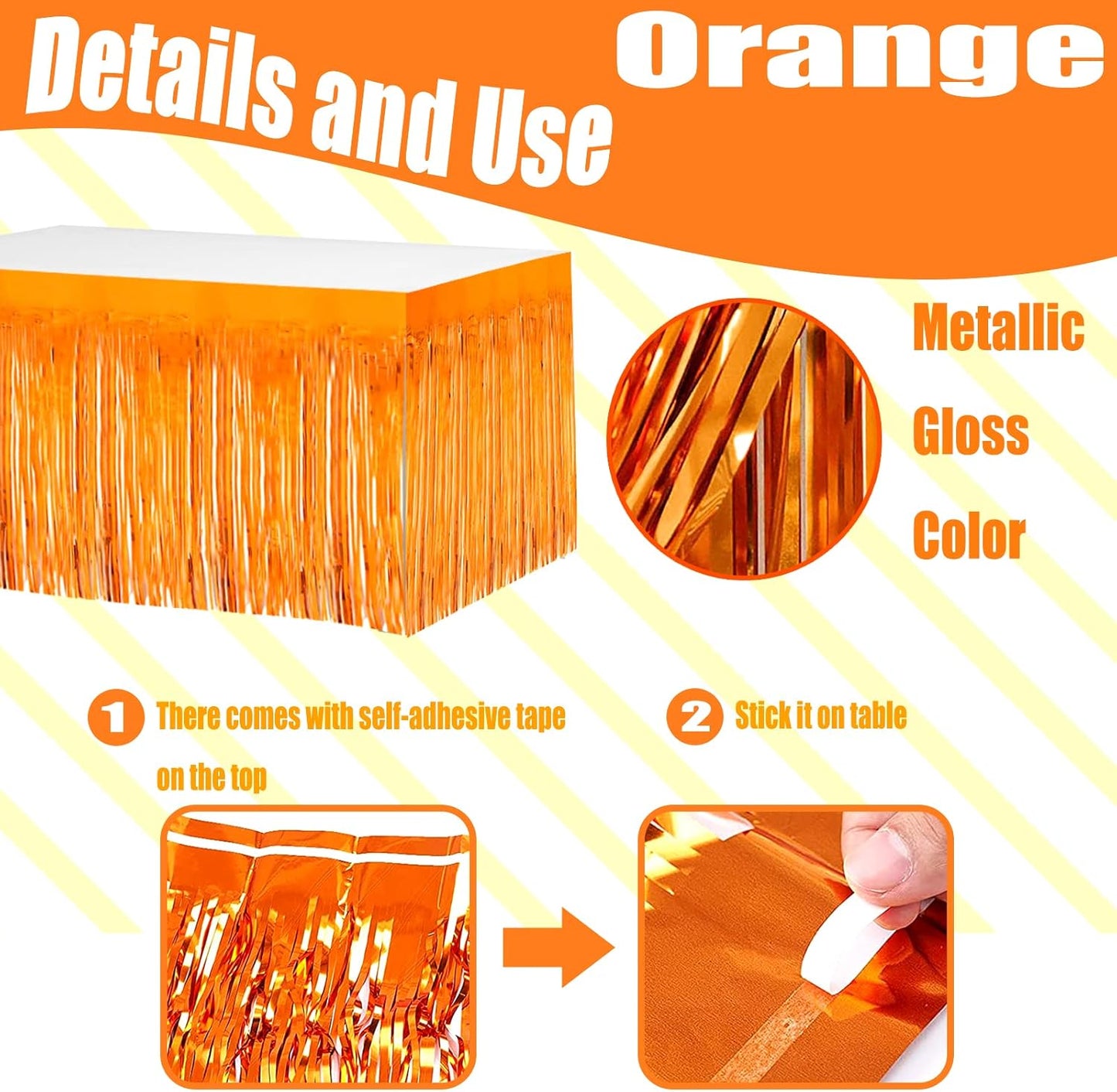 4 Pack 29x108 Inch Metallic Foil Fringe Tinsel Table Skirts for Rectangle Tables Streamer Curtains Backdrop for Wedding, Birthday, Parade Floats, Christmas, Halloween Party Decoration(Orange)