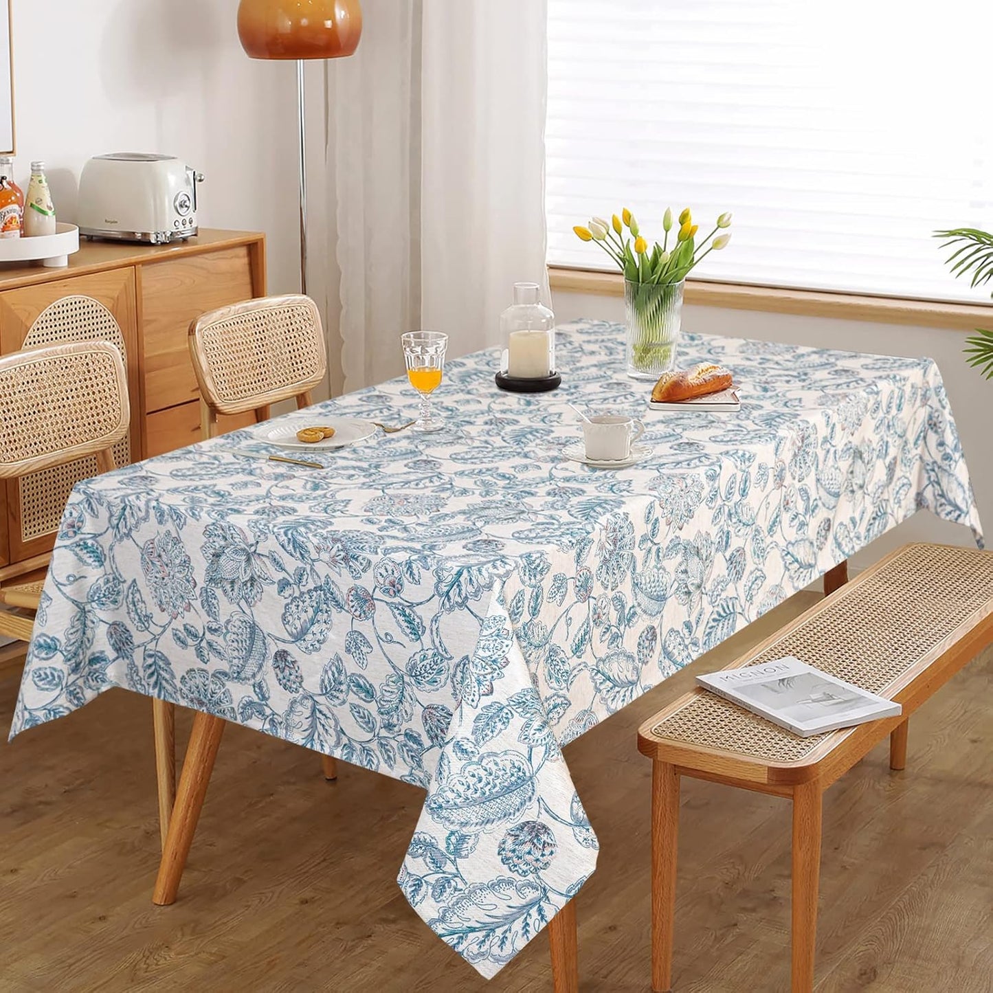 MYSKY HOME 60x120 Rectangle Tablecloth Linen Farmhouse Tablecloth Waterproof Decorative Fabric Table Cloth for Indoor&Outdoor, Spring Floral Tablecloth for 8 Feet Table, Blue, Washable