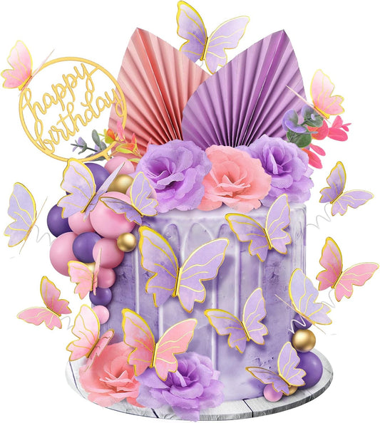 Shimeyao 52 Pcs Wedding Birthday Gold Cake Decoration Boho Cake Topper Pink Purple Flower Butterfly Palm Leaves Balls Toppers for Women Baby Shower Party Decoration(Candy Color)