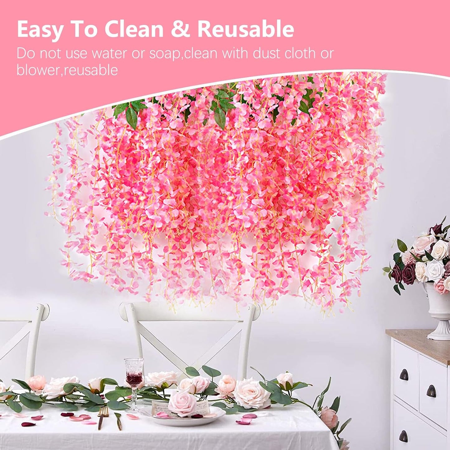 36 Pack Dark Pink Wisteria Hanging Flowers, 3.44 Ft Fake Hanging Flowers, Artificial Wisteria Garland Vines for Wedding Room Backdrop Outdoor Patio Garden Decoration