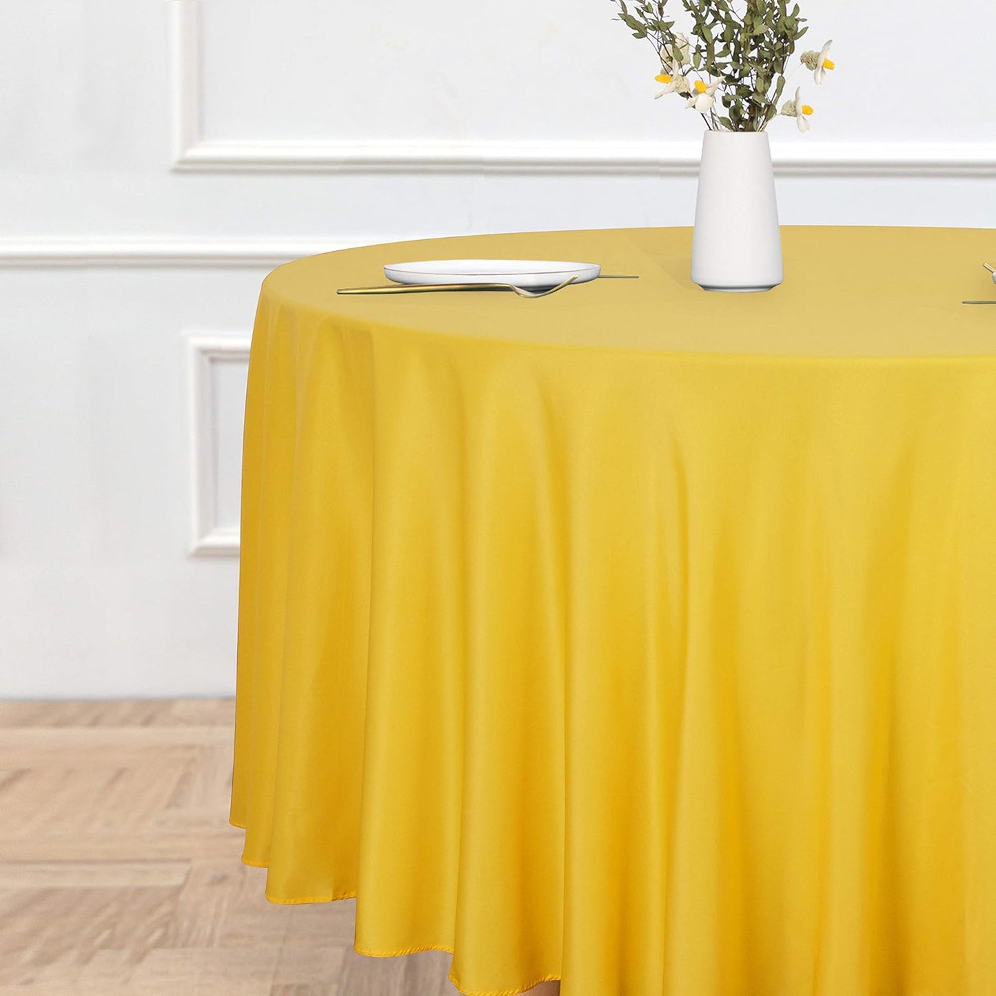 sancua Round Tablecloth - 120 Inch - Water Resistant Spill Proof Washable Polyester Table Cloth Decorative Fabric Table Cover for Dining Tables, Buffet Parties and Camping, Yellow