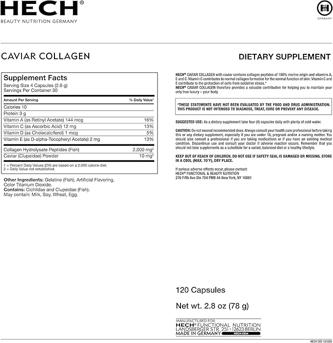 HECH Caviar Collagen Capsules - Beauty Supplement with 2,000 mg Marine Collagen Peptides, Caviar Extract and Vitamin Complex
