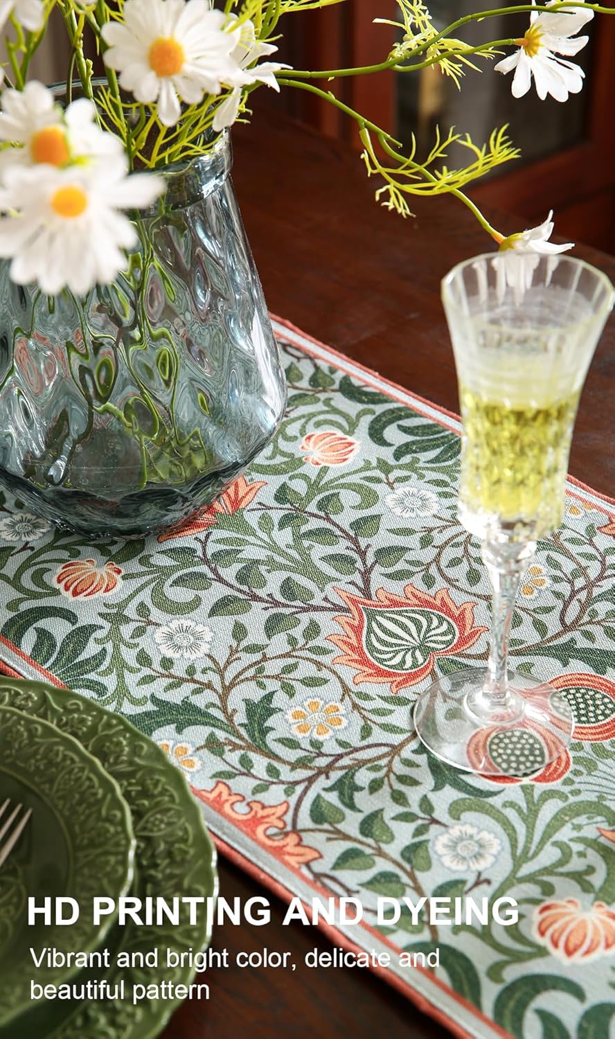 ISAENNE Designer French Green Elegant Linen Table Runner 118 Inches Extra Long,Colorful Flower Pattern Soft Table Runners for Dining Tables,Thanksgiving,Kitchen Tables,Christmas,12"*118"-Naples B