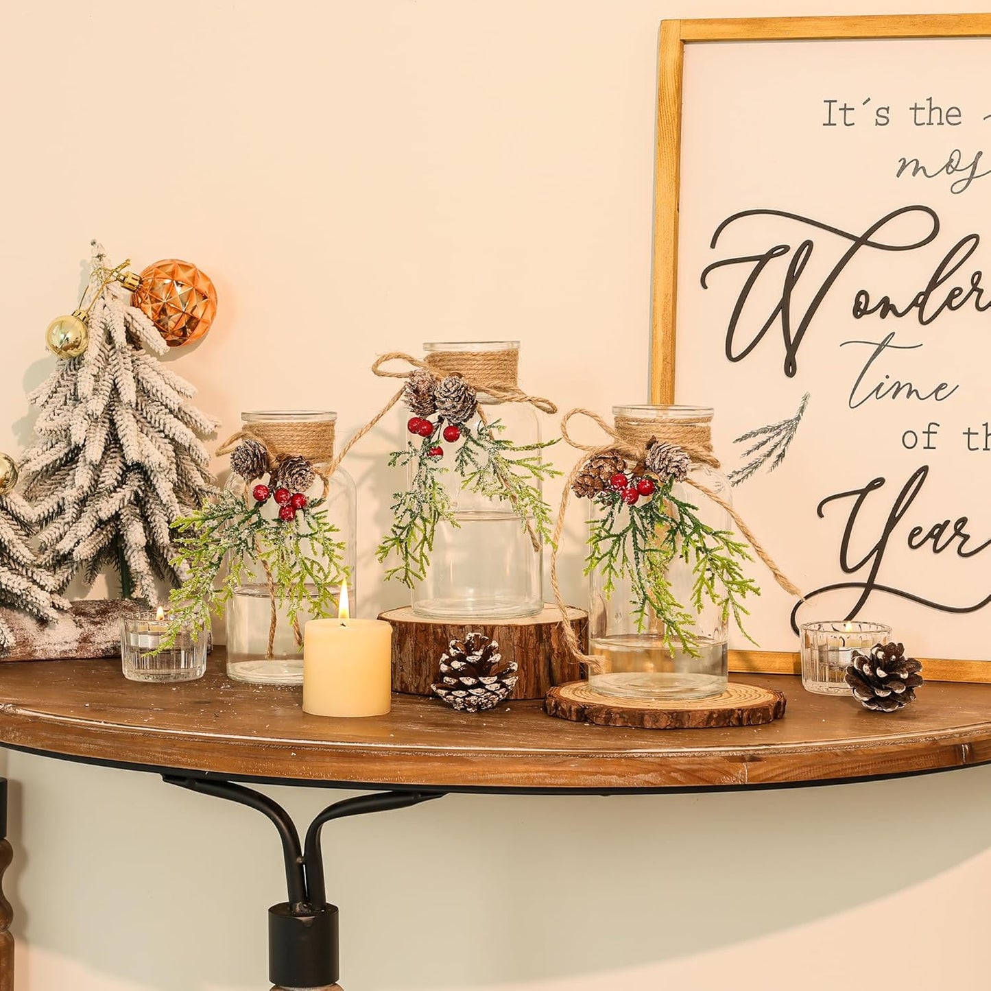 Set of 6 Xmas Decor Vases Christmas Centerpieces for Tables Farmhouse Holiday Table Decor Clear Glass Vases with Twine Ties for Christmas Decorations