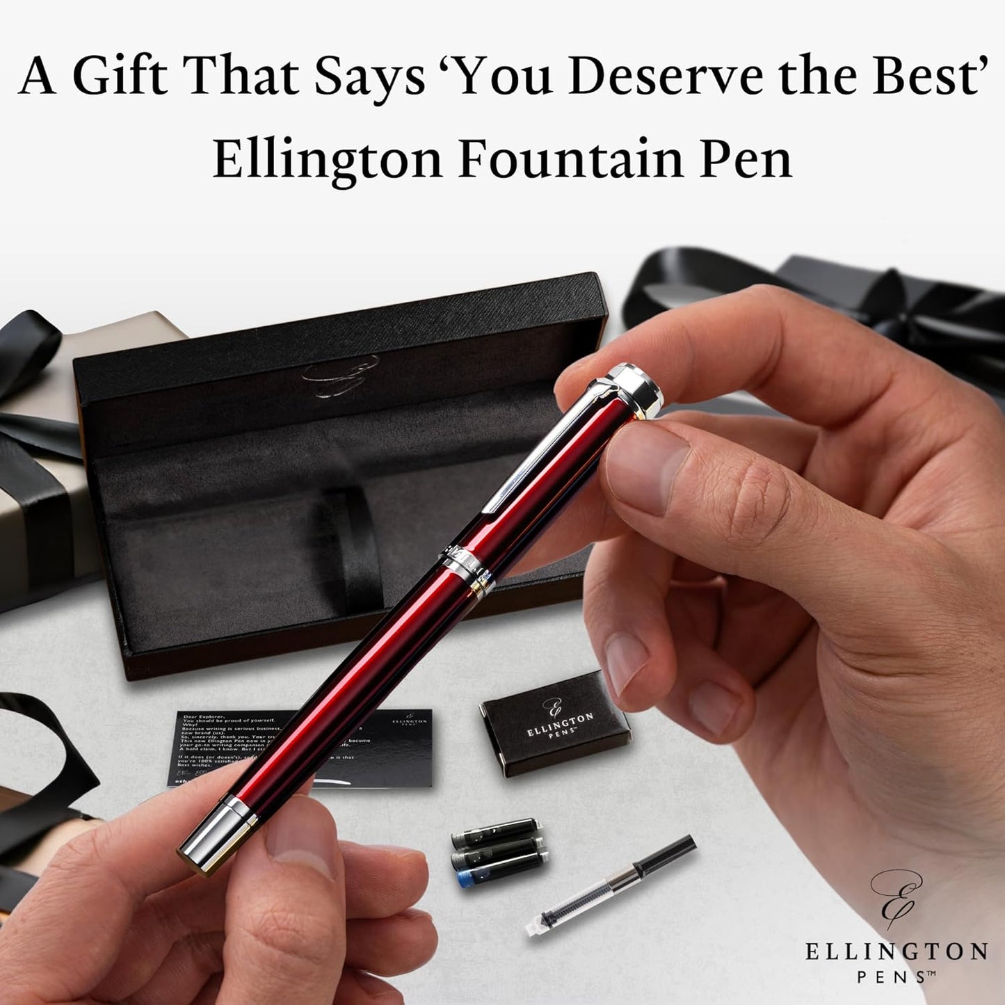 Ellington Pens Luxury Fountain Pen Set- Fountain Pens for Writing - Smooth Medium Nib - Includes Refillable Ink Converter, 3 Ink Cartridges [Black & Blue], Gift Box - Elegant Calligraphy