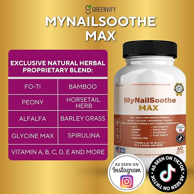 MyNailSoothe MAX Hair, Skin & Nail Supplement, 60 Capsules, with Biotin 5000mcg, Vitamins, Minerals & Herbal Blend (5)