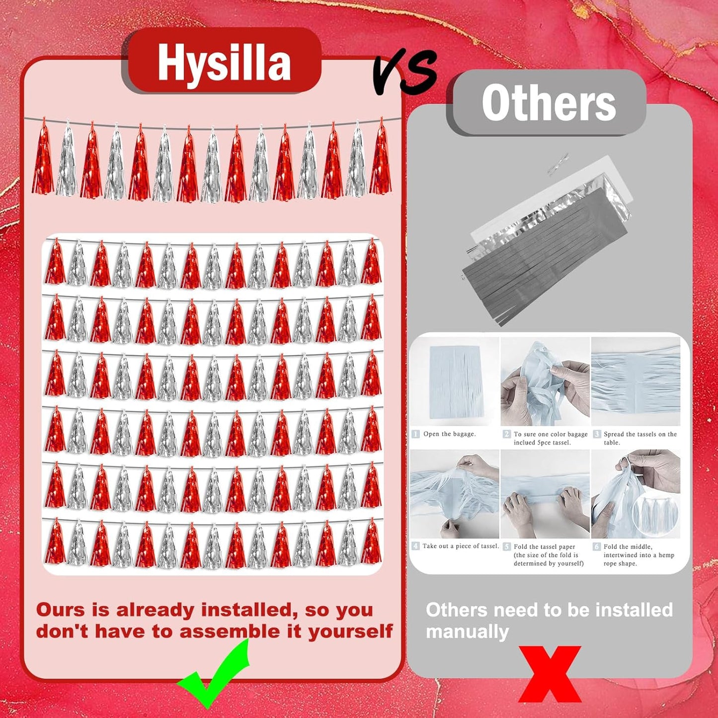 8P Red Silver Foil Fringe Metallic Tassel Streamers Banner Tassel Garland for Parade Floats, Bachelorette, Wedding, Birthday, Halloween, Christmas, Bridal/Baby Shower Party Decorations