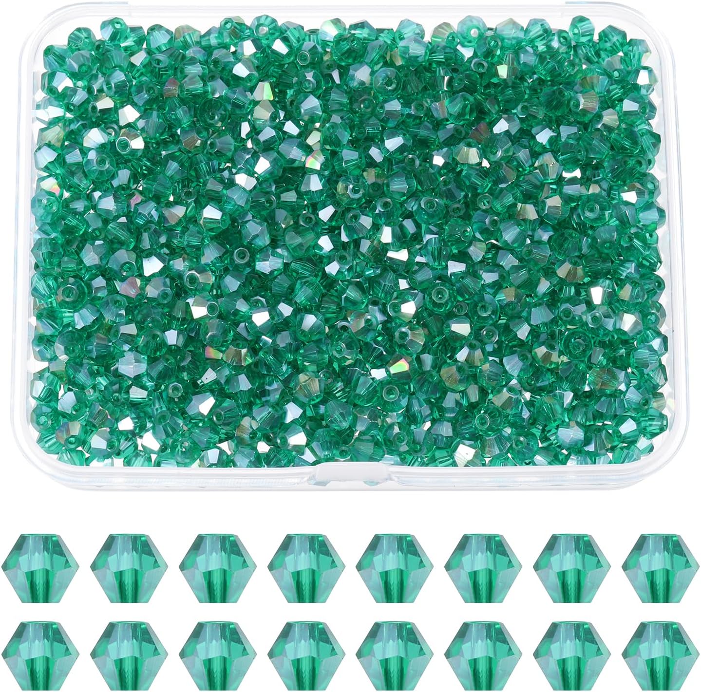 PATIKIL 1000pcs 3mm Bicone Glass Crystal Beads, Faceted Glass Spacer Beads with Box for Jewelry Making Bracelet Necklace Earrings DIY Suncatcher Craft, Green AB