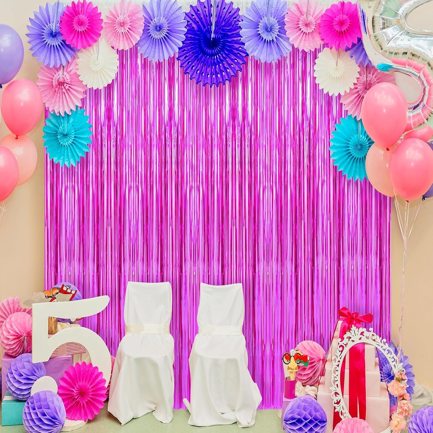 2 Pack Hot Pink Foil Fringe Curtains Streamers Party Decorations 3.3 x 8.2 ft, Tinsel Curtain Fringe Backdrop for Parties, Door Fringe Birthday Streamers, Photo Booth Backdrops, Party Decor