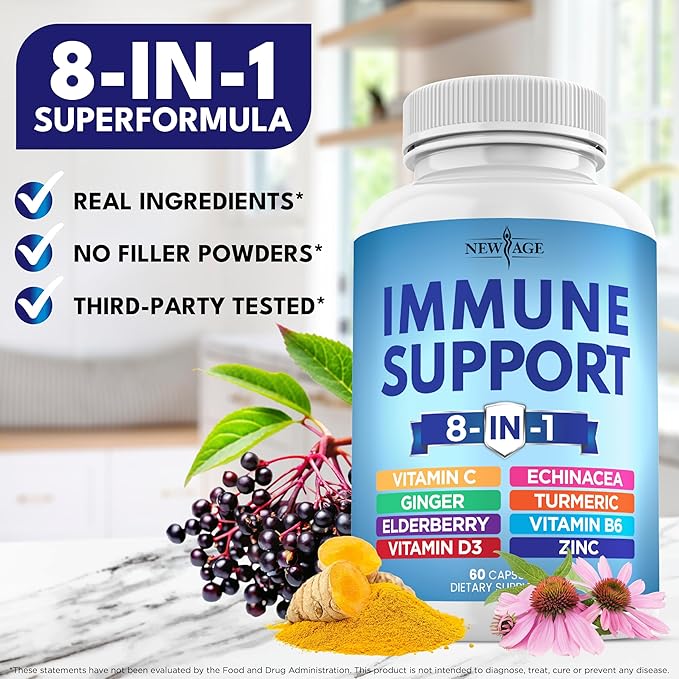 NEW AGE 8 in 1 Immune Support Booster Supplement with Echinacea, Vitamin C and Zinc 50mg, Vitamin D 5000 IU, Turmeric Curcumin & Ginger, B6, Elderberry 60 Count (Pack of 1)