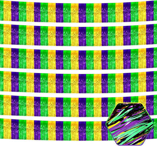 6 Pack 10 Feet Gold Green Purple Foil Fringe Garland Metallic Tinsel Streamers Banner Wall Hanging Curtain Backdrop for Parade Floats, Birthday, Graduate, Mother's Day, Wedding Party Decoration