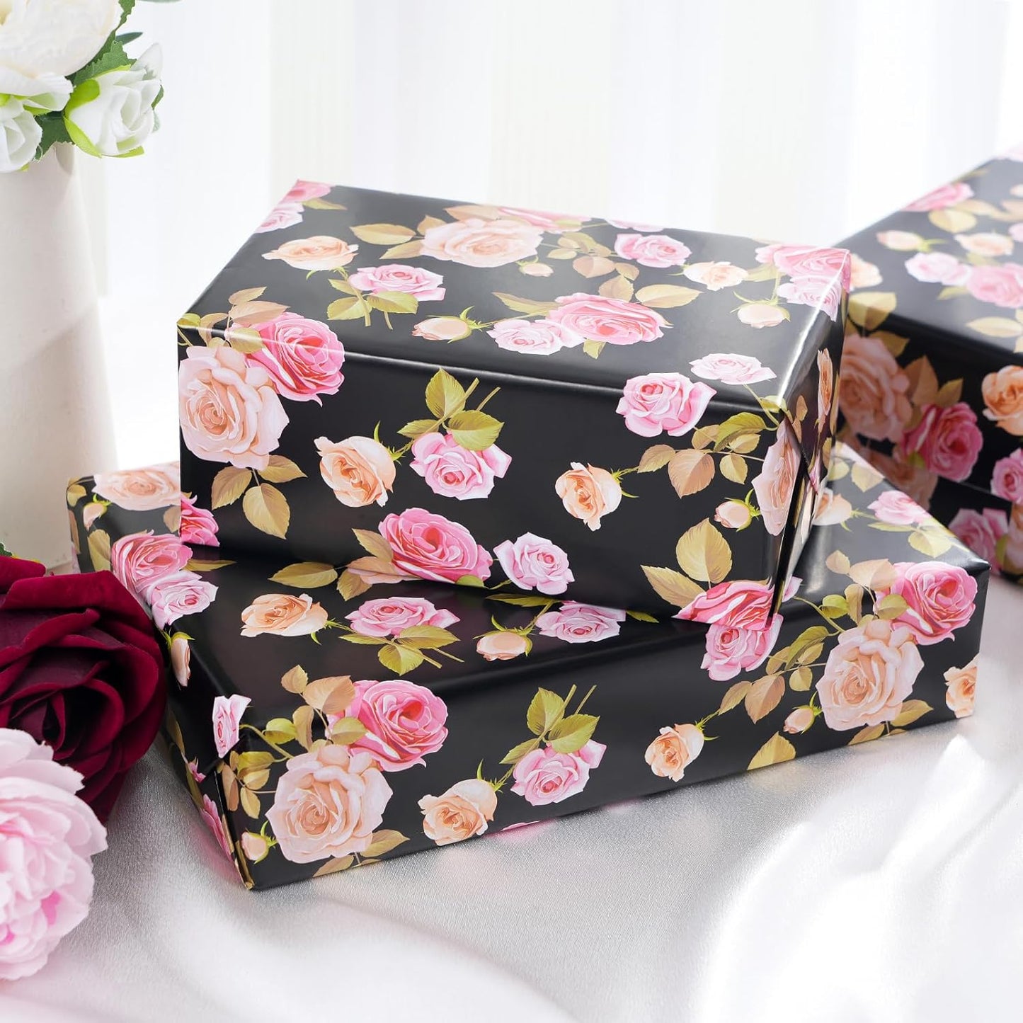 Ulmasinn Floral Wrapping Paper Roll - 17 Inches x 33 Feet - Vintage Romantic Pink Rose Flower Gift Wrap with Cut Lines for Wedding, Birthday, Bridal Shower, Mother’s Day
