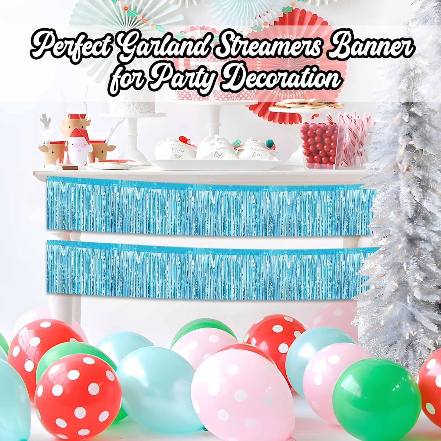 6 Pack 10 Ft Light Blue Foil Fringe Garland Metallic Streamers Tinsel Banner Wall Hanging Garland Backdrop for Parade Floats, Halloween, Christmas, Thanksgiving, New Year Party Decorations