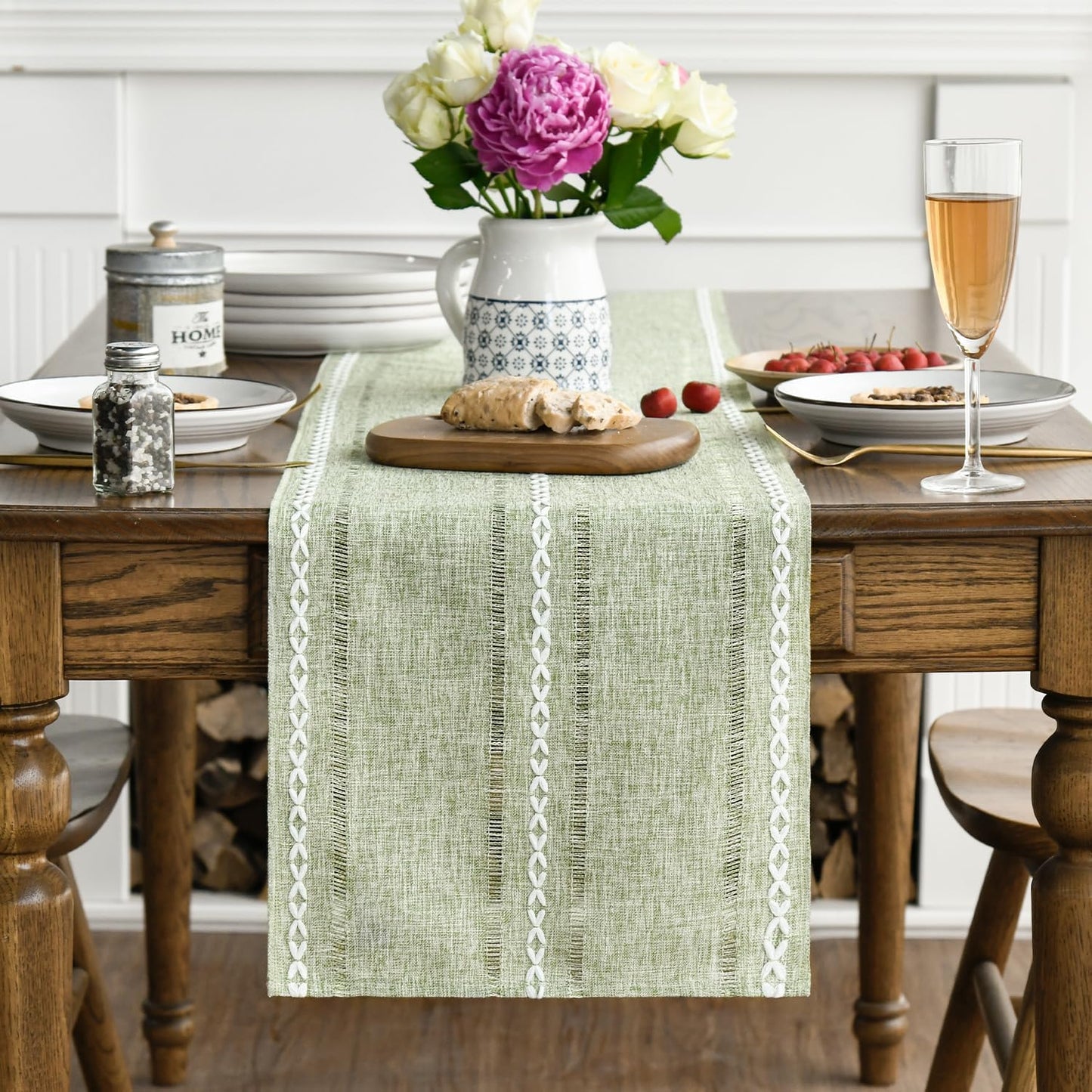 Artoid Mode Sage Green Rustic Cotton Linen Table Runner, Seasonal Embroidered Hollow Kitchen Dining Table Decoration for Home Party Decor 13x36 Inch