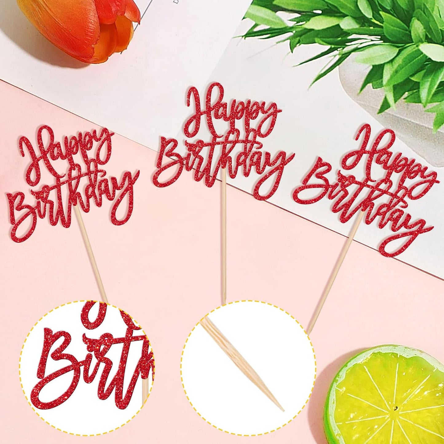 24 PCS Glitter Cupcake Toppers - Happy Birthday & Anniversary Picks - Red
