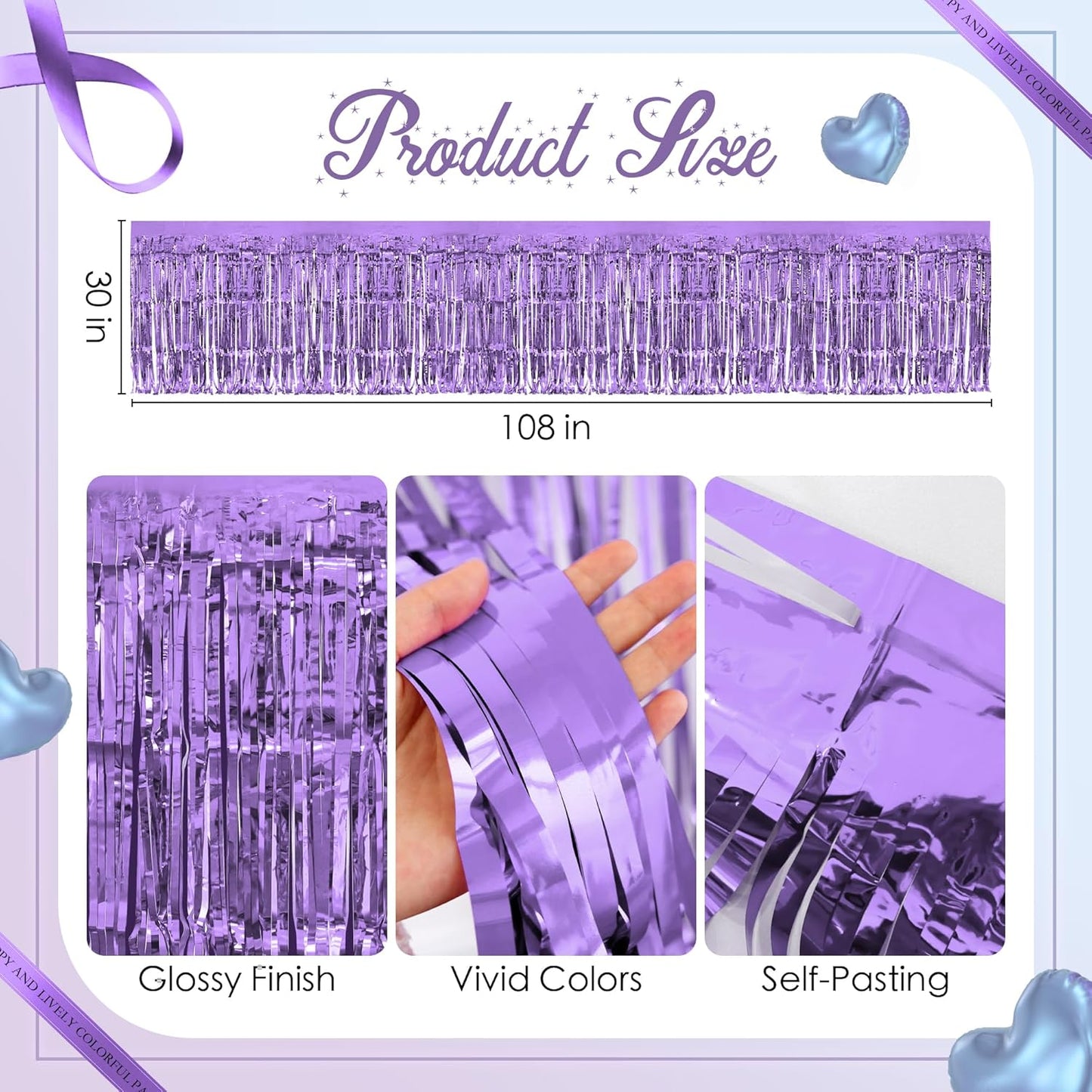 2 Pack Light Blue Light Purple Table Skirts, 29x108" Metallic Foil Tinsel Fringe Table Skirt for Rectangle Tables Streamer Curtains Backdrop, Party Decorations for Birthdays, Weddings, Holidays