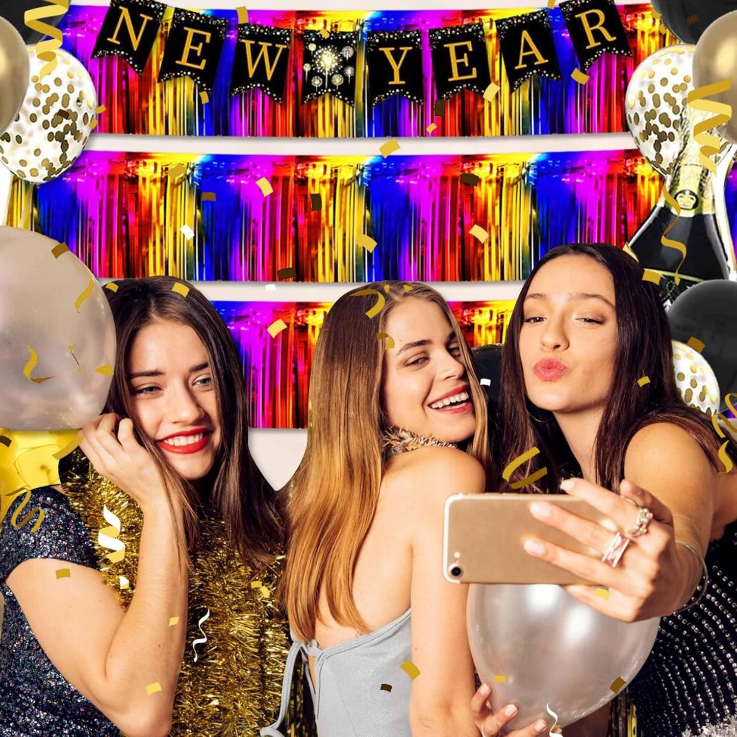 4 Pack 10 Ft Rainbow Foil Fringe Garland Metallic Streamers Tinsel Banner Wall Hanging Garland Backdrop for Parade Floats, Halloween, Christmas, Thanksgiving, New Year Party Decorations