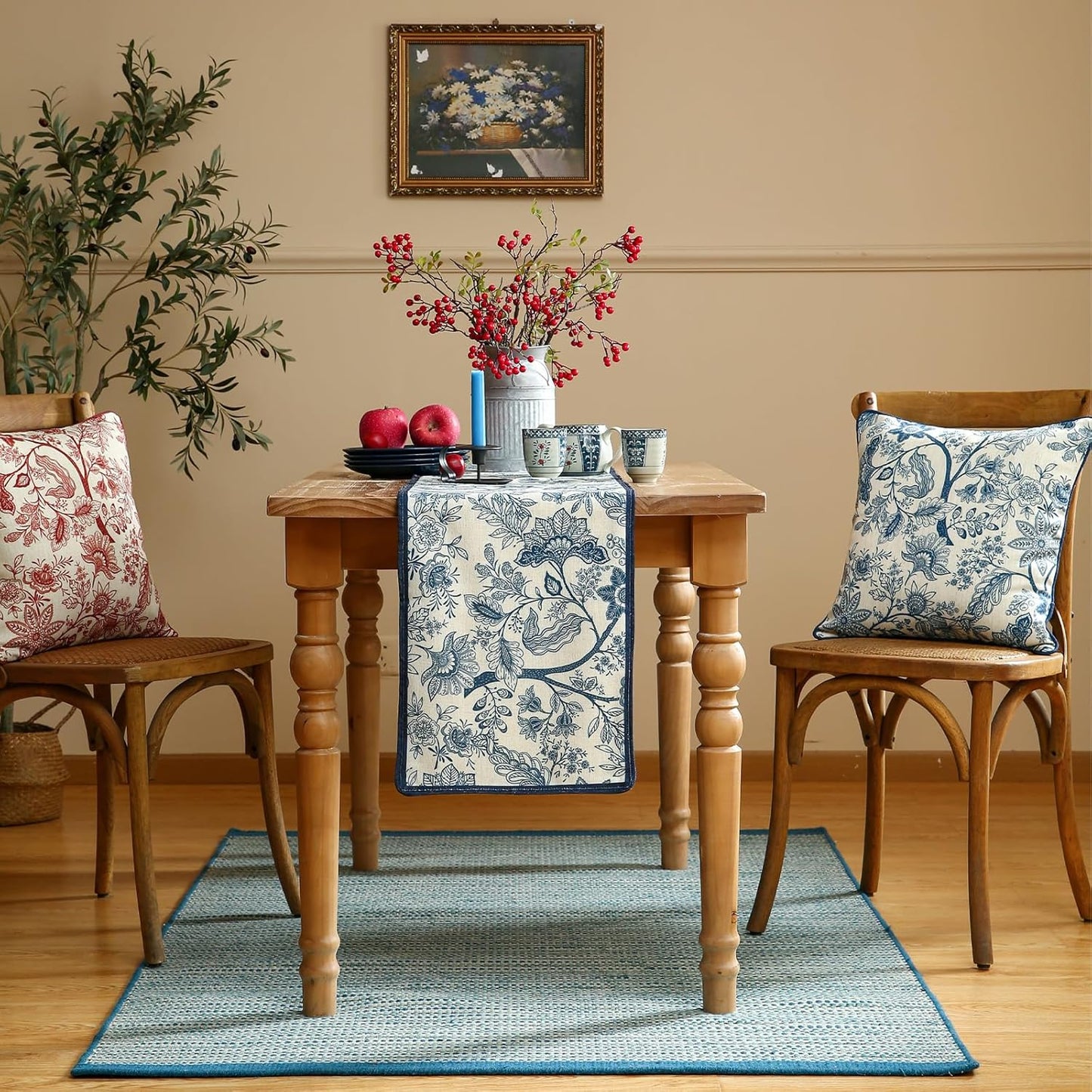 ISAENNE Designer Chinoiserie Elegant Linen Table Runner 71 Inches Long,Blue Floral Pattern Decor Table Runners for Thanksgiving,Dining Room,Banquet,Kitchen Tables,Christmas,12"*71"-Ruyi B