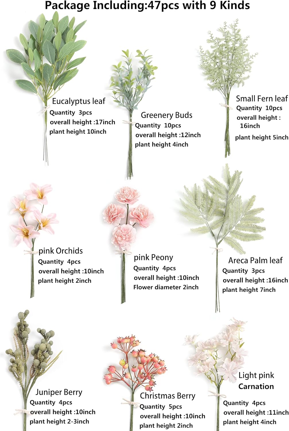 Serra Flora Artificial Greenery Stems Box Set,(Pack of 47pcs) with 9 Kinds of Faux Pink Green Filler for DIY Bridal Bouquets Wedding Floral Arrangement Table Centerpieces