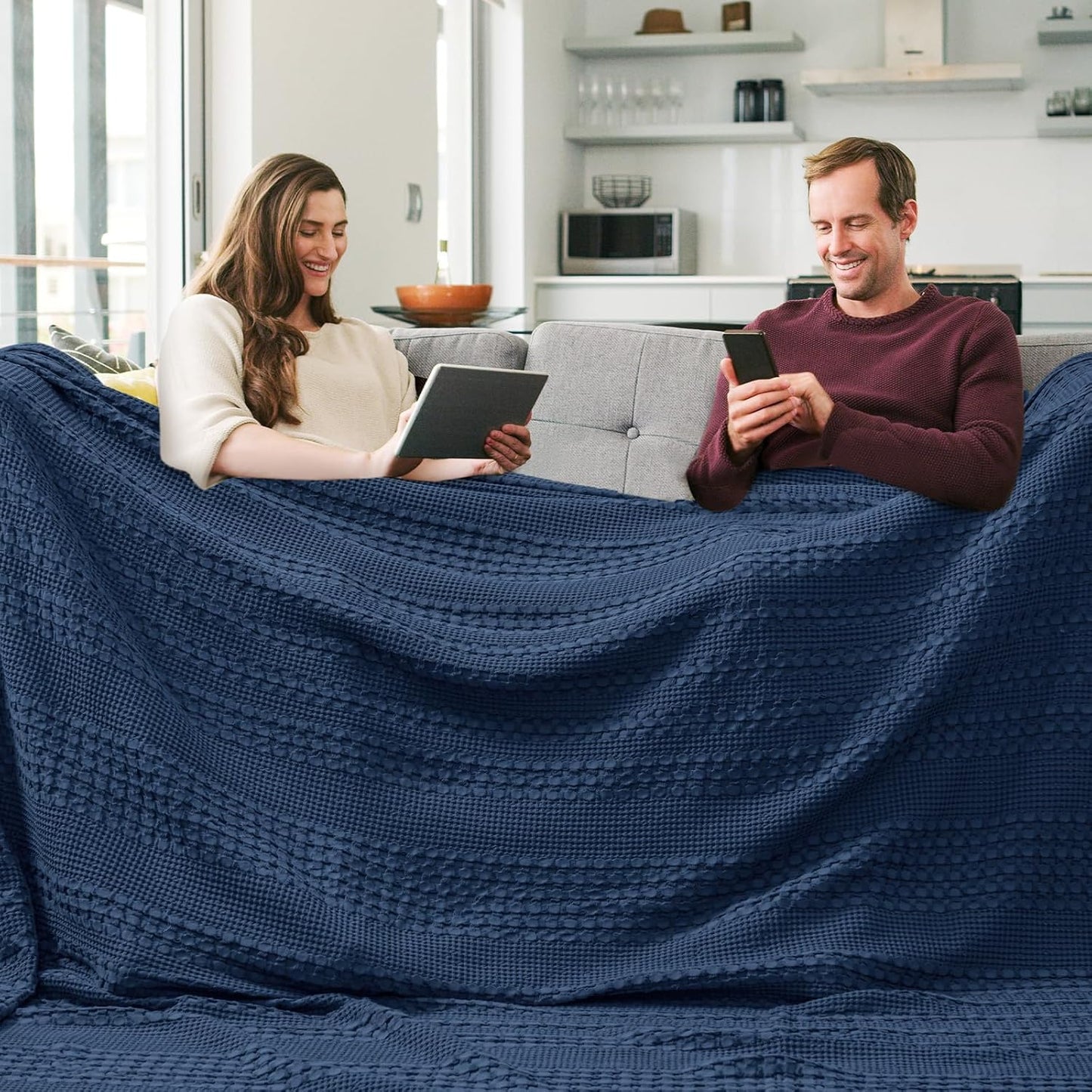 PHF 100% Cotton Waffle Blanket Oversized King 120"x120", Lightweight Breathable Extra Large 10'x10' Blankets for Bed, Giant Big Luxury Aesthetic Woven Bedding for Home Decor, Bright Navy Blue