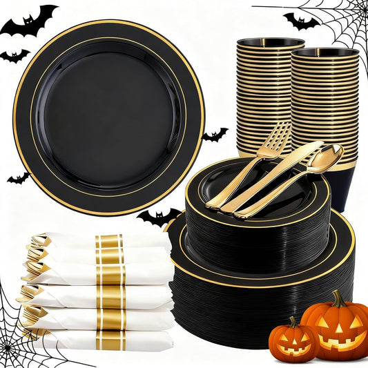 350 Pieces Black and Gold Plastic Plates with Disposable Silverware, Include 50 Dinner Plates 9”, 50 Dessert Plates 6.3”, 50 Black Cups 9 OZ, 50 Pre Rolled Napkins for Halloween new year