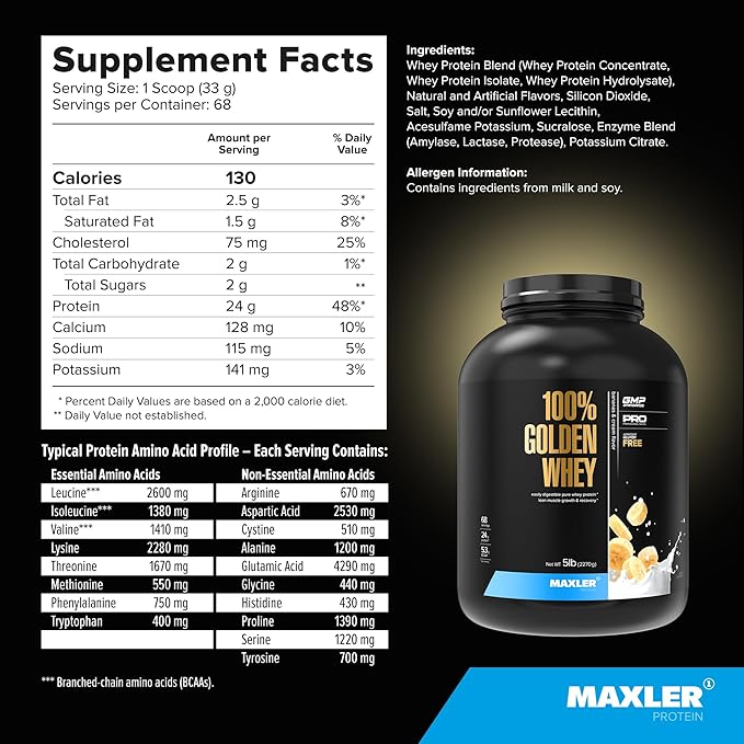 Maxler 100% Golden Whey Protein - 24g of Protein per Serving - Premium Whey Protein Powder for Pre Post Workout - Fast-Absorbing Whey Concentrate, Isolate & Hydrolysate Blend - Bananas & Cream 5 lb