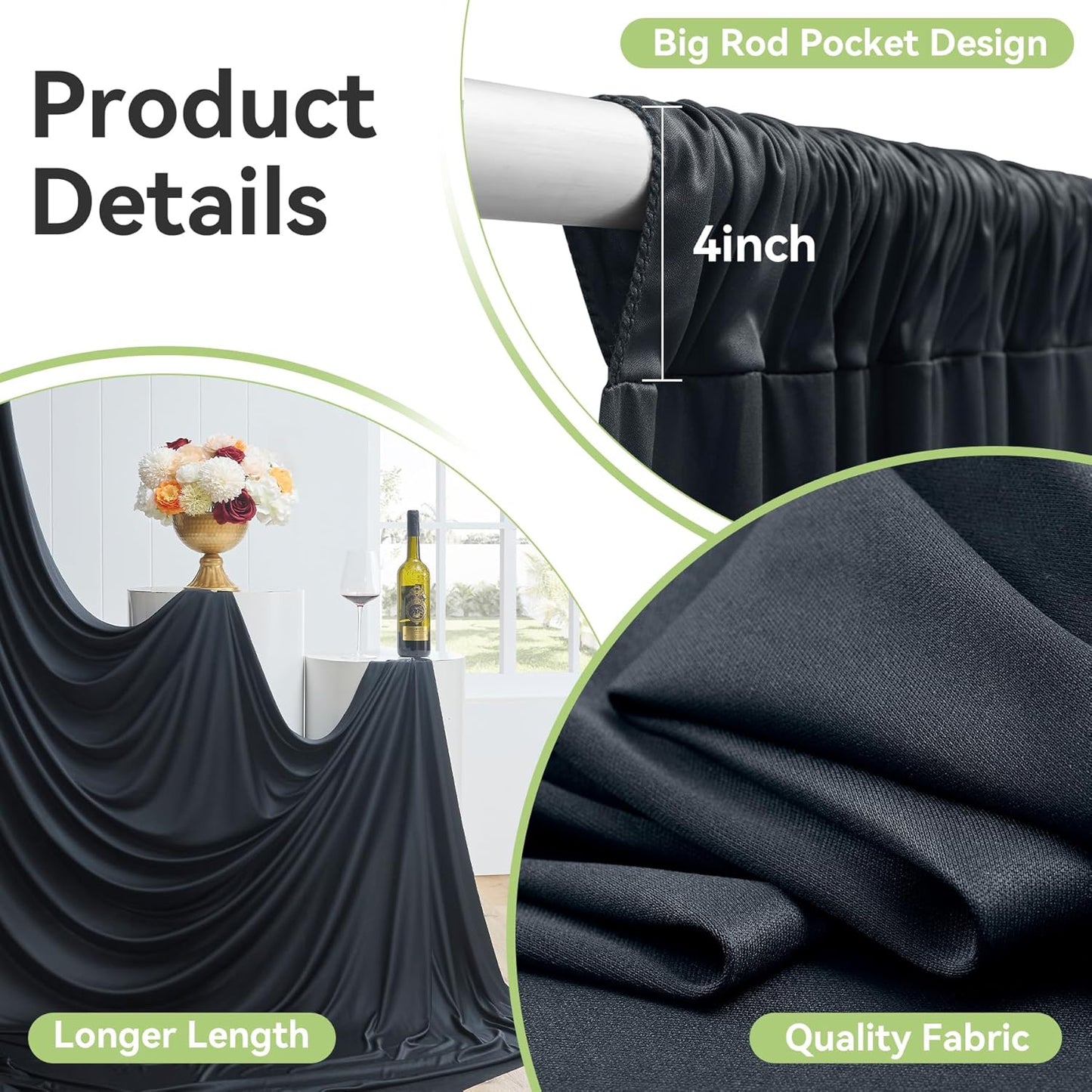 10ftx12ft Wrinkle Free Black Backdrop Curtain, 2 Panels 12FT Height Black Wedding Backdrop Drapes, Silky Polyester Back Drop Cloth for Birthday Photography Background Party Backdrop Draping