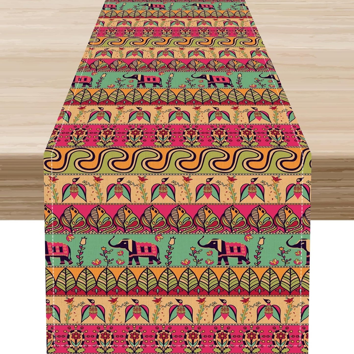 Boho Table Runner, Indian Bohemian Elephant Mandala Paisley Floral Hippie Art Print Table Center Decor for Home Kitchen Dining Patio Holiday Party Indoor Outdoor Table Decorations, 13"x108" Inch