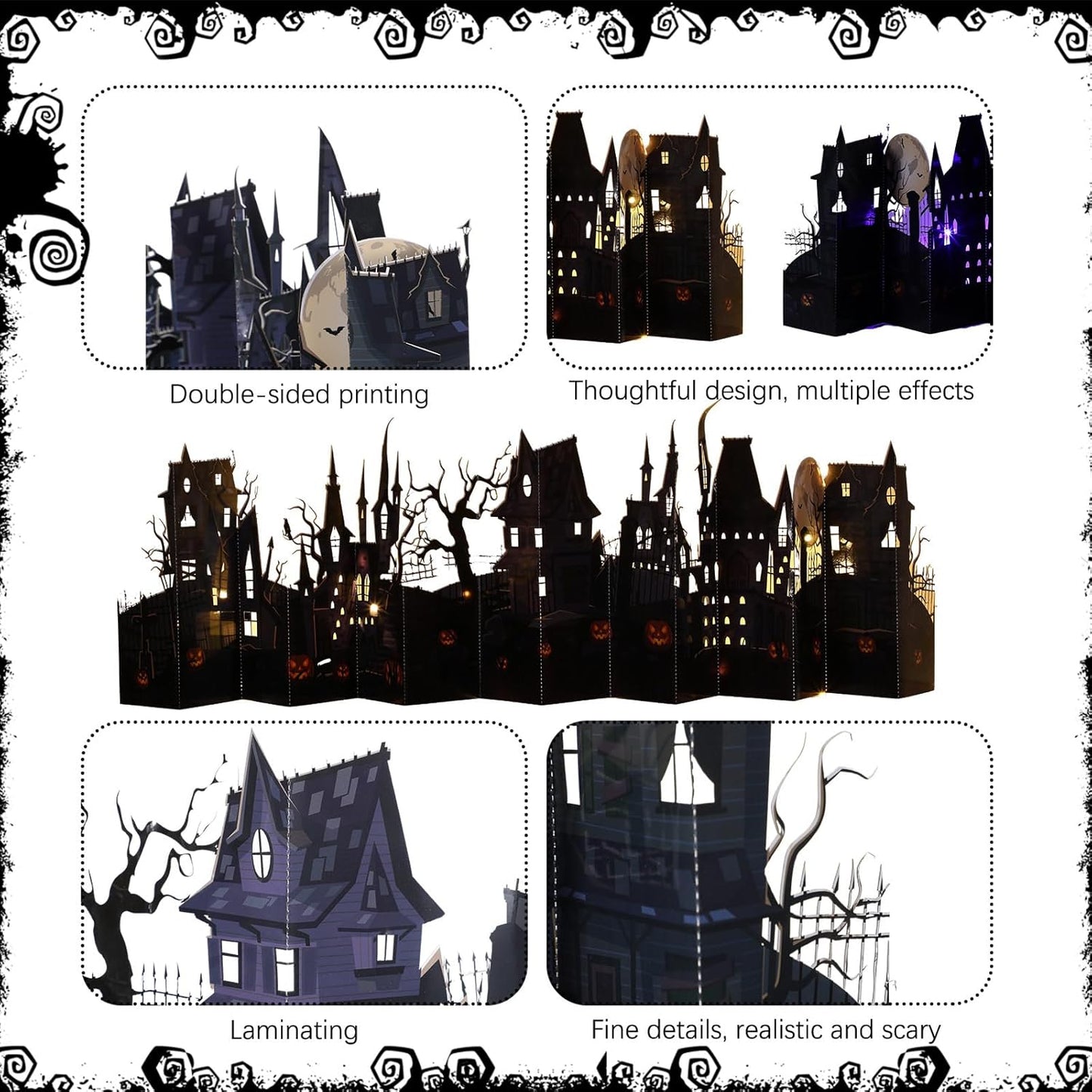 Geyoga Halloween Pop-up Card with 2 LED Lights 40" Halloween 3D Greeting Card Long Enchanted Eerie Village for Table Centerpiece Party Decoration