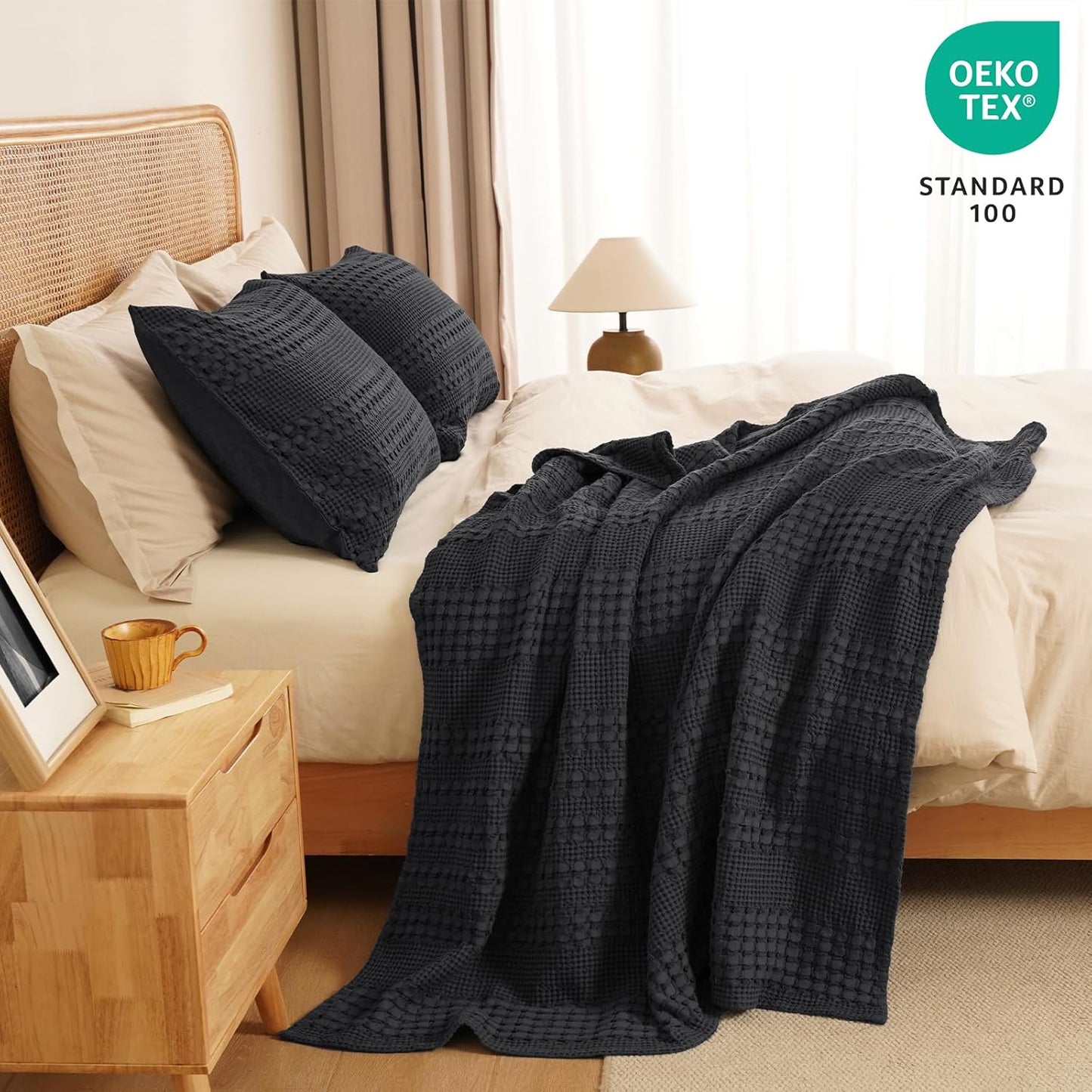 PHF 100% Cotton Waffle Weave Throw Blanket, Soft Lightweight Breathable Cozy Throws for Couch Bed Sofa, Luxury Aesthetic Woven Blanket for Home Decor & Office, 50"x60", Black