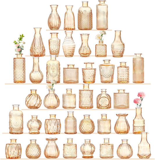 Bud Vases Set of 40 Pcs,Small Flower Vases for Centerpieces,Glass Bud Vase in Bulk,Vintage Bud Vase for Wedding Table Centerpieces Decoration, Home Table Party Decor, Christmas,Anniversary,Gold Amber