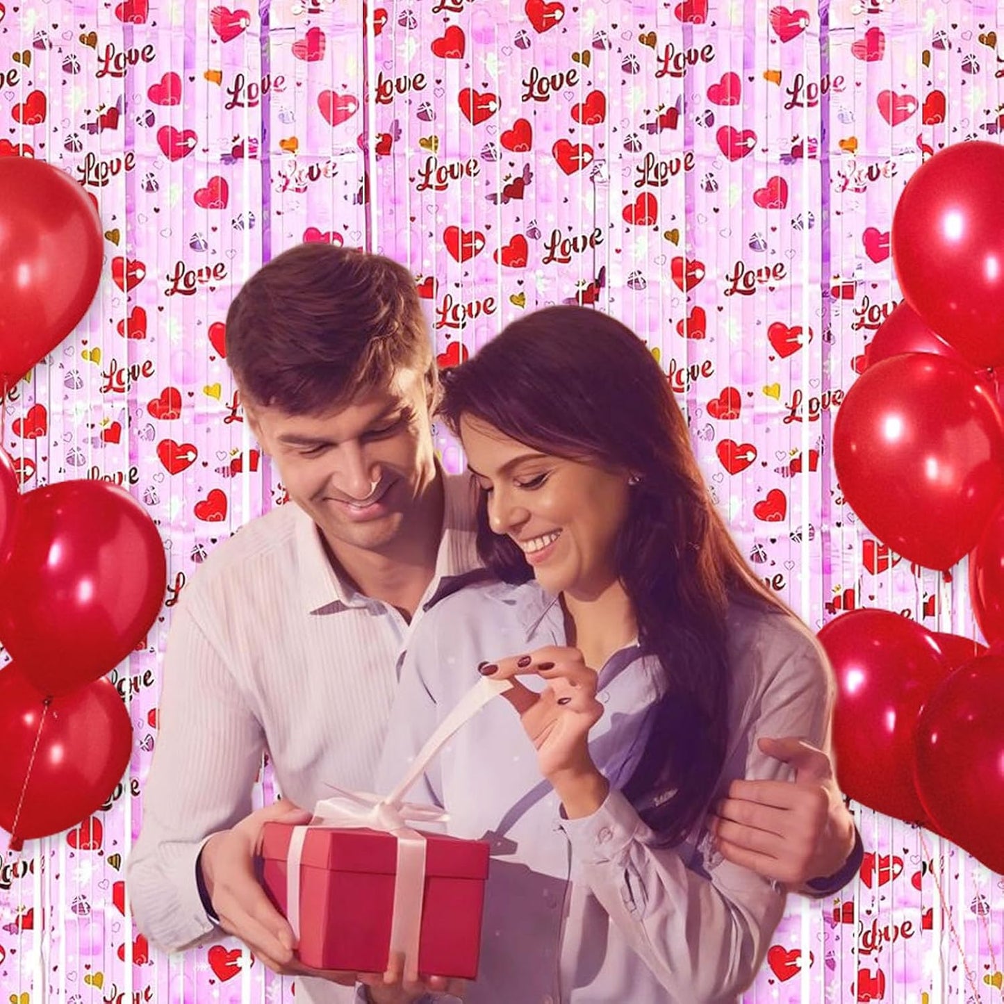 4 Pack Love Pink Wave Foil Fringe Curtain Backdrop, 3.28Ft x 8.2Ft Metallic Tinsel Foil Fringe Streamer Curtains for Photo Booth, Mother's Day, Easter, Birthday, Wedding Party Decoration