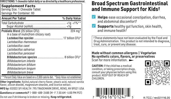 Klaire Labs SFI Health Ther-Biotic Kids Chewable Probiotic - GI Health + Immune Support for Kids - Chewable 25b CFU Lactobacillus + Bifidobacterium - Hypoallergenic, Dairy-Free (60 Tablets / 2 Pack)