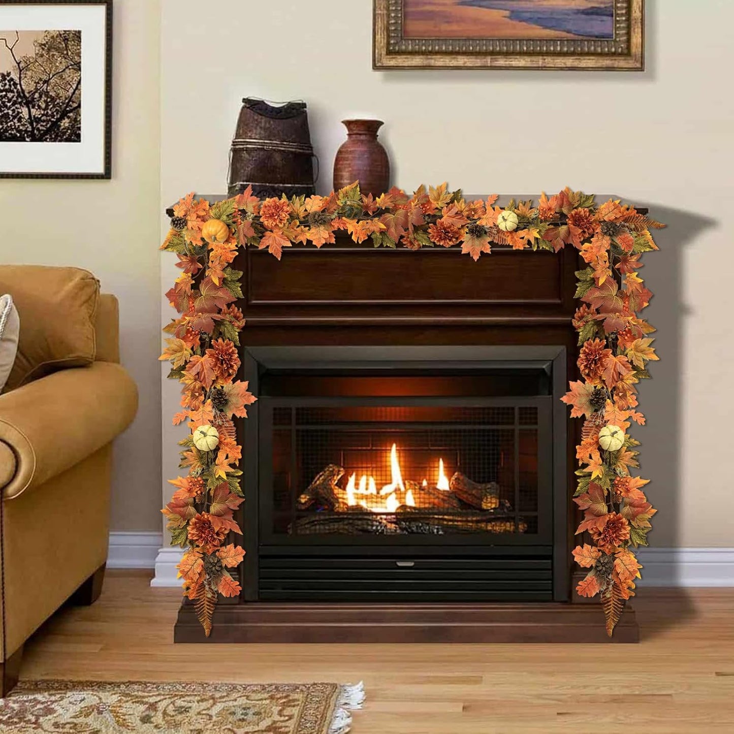 Artificial Fall Maple Leaves Garland Hanging Vine 6Ft Fake Pumpkin Pine Berries Autumn Decoration Garland Decor for Fireplace Home Doorway Party Indoor Outdoor