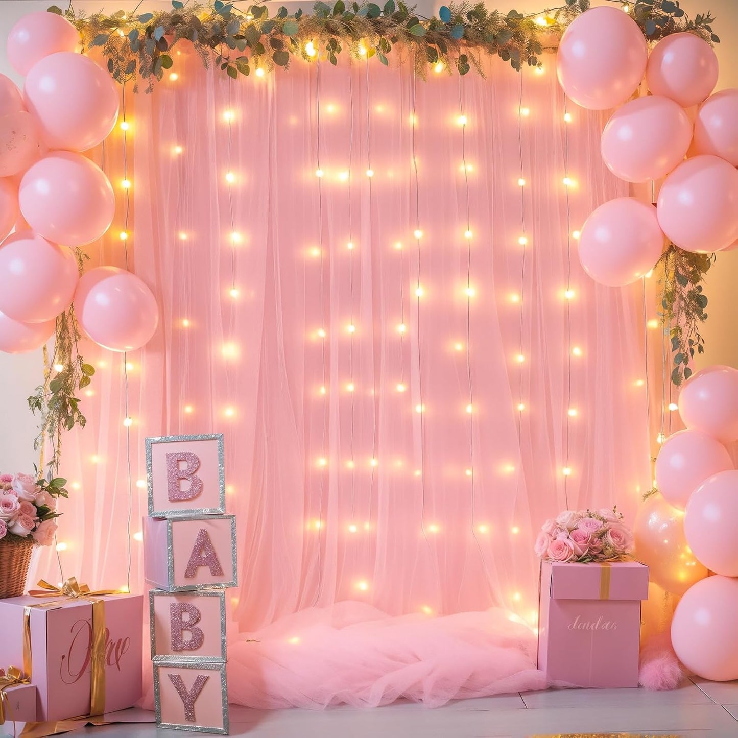 Sheer Backdrop Curtains with Lights String for Weddings Baby Showers, 10x8ft Sheer Tulle Photo Backdrop Curtains for Birthday Party Photography Background Decoration, Pink
