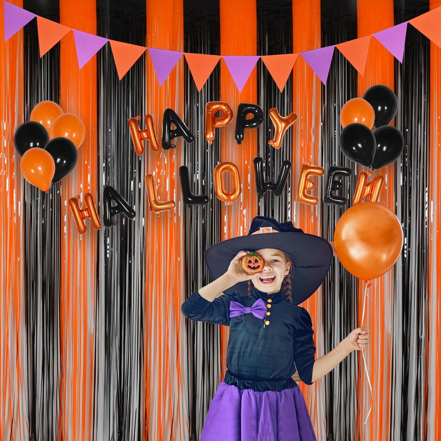 Halloween Party Decorations Tinsel Foil Fringe Curtains Party Backdrop, Melsan 3.2 x 8 ft Streamer Backdrop Tinsel Curtains for Birthday, Graduation, Halloween Party Decor - Pack of 2