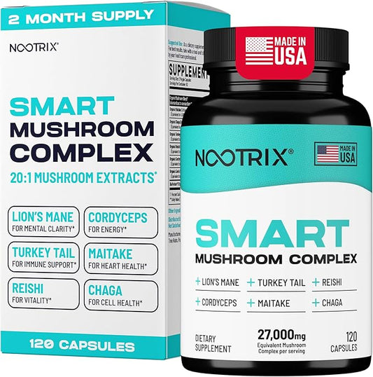 Smart Mushrooms Complex Supplement | Supports Memory, Mental Focus, Cognitive Health & Energy | 27,000mg Organic Mushrooms | Lions Mane, Reishi, Cordyceps, Chaga & Turkey Tail | 120 Capsules