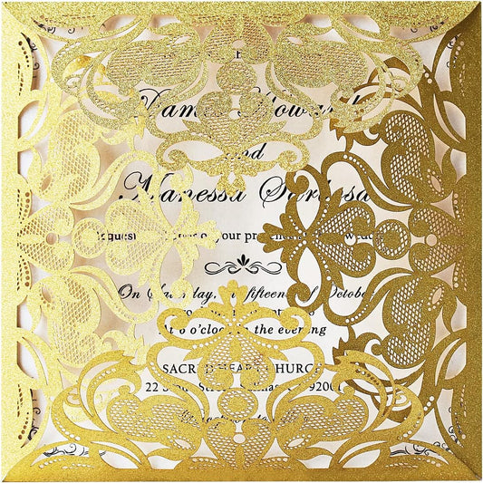 Hosmsua 6.3 x 6.3 Inch 50PCS Gold Glitter Laser Cut Wedding invitation Cards with Envelopes Hollow Lace Rose Invitation for Engagement Wedding Bridal Shower Invite (Gold Glitter)