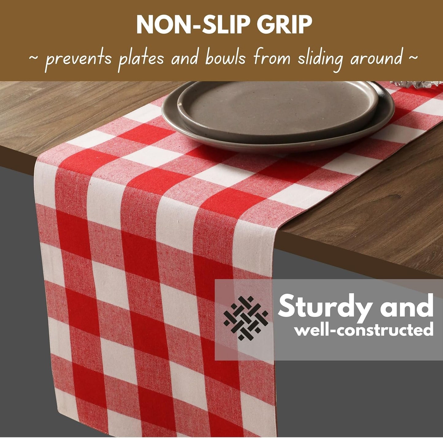Native Fab Table Runner Buffalo Check Plaid 100% Cotton - 13x72 Inches Kitchen Dining Table Decoration for Indoor Outdoor Farmhouse Home Party Decor - Red and White