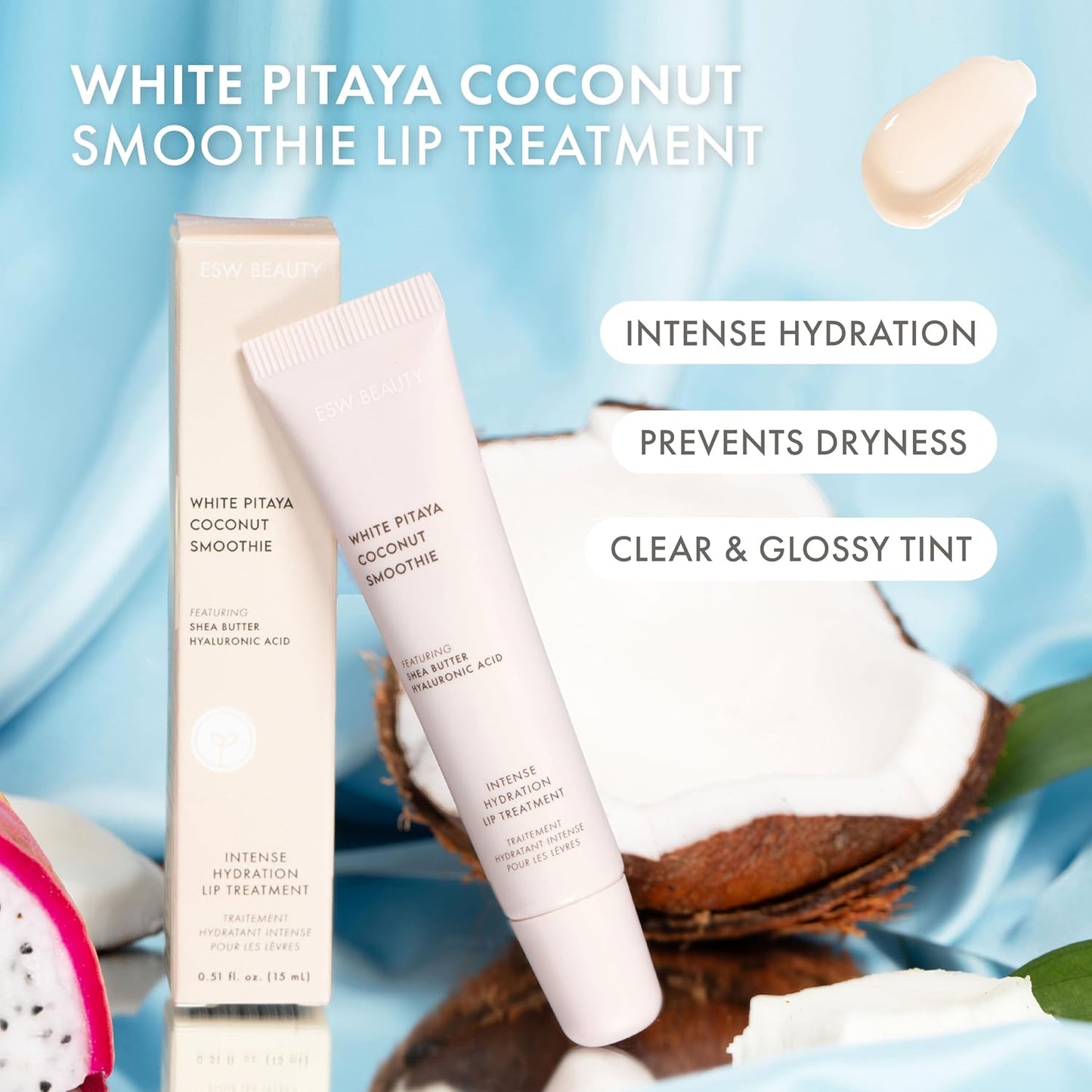 ESW Beauty White Pitaya Coconut Lip Treatment - Clear & Glossy with Shea Butter, Hyaluronic Acid, White Pitaya & Coconut for Intense Moisture & Dryness Prevention