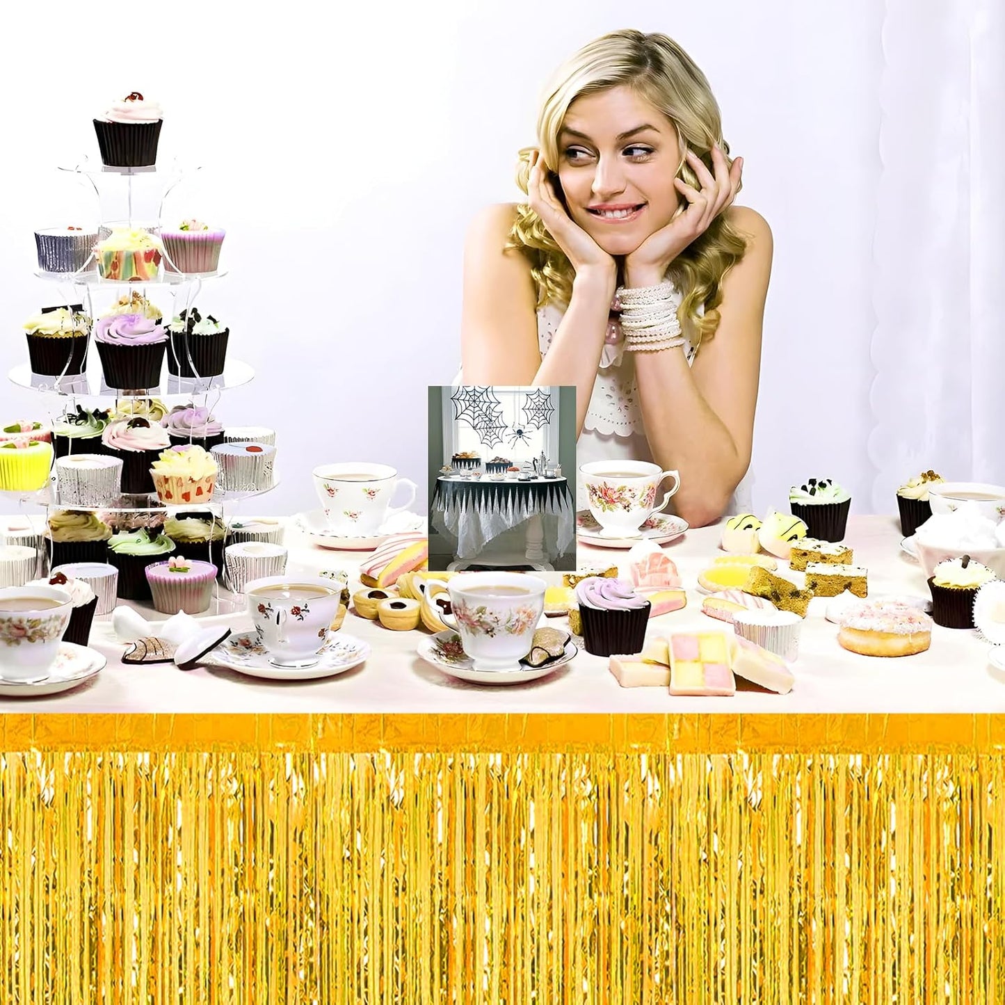 3 Pack 29x108 Inch Gold Foil Fringe Table Skirts Metallic Banner for Tinsel Streamer Garland Backdrop for Parade Floats Wedding Thanksgiving Birthday Christmas Halloween Party Decoration