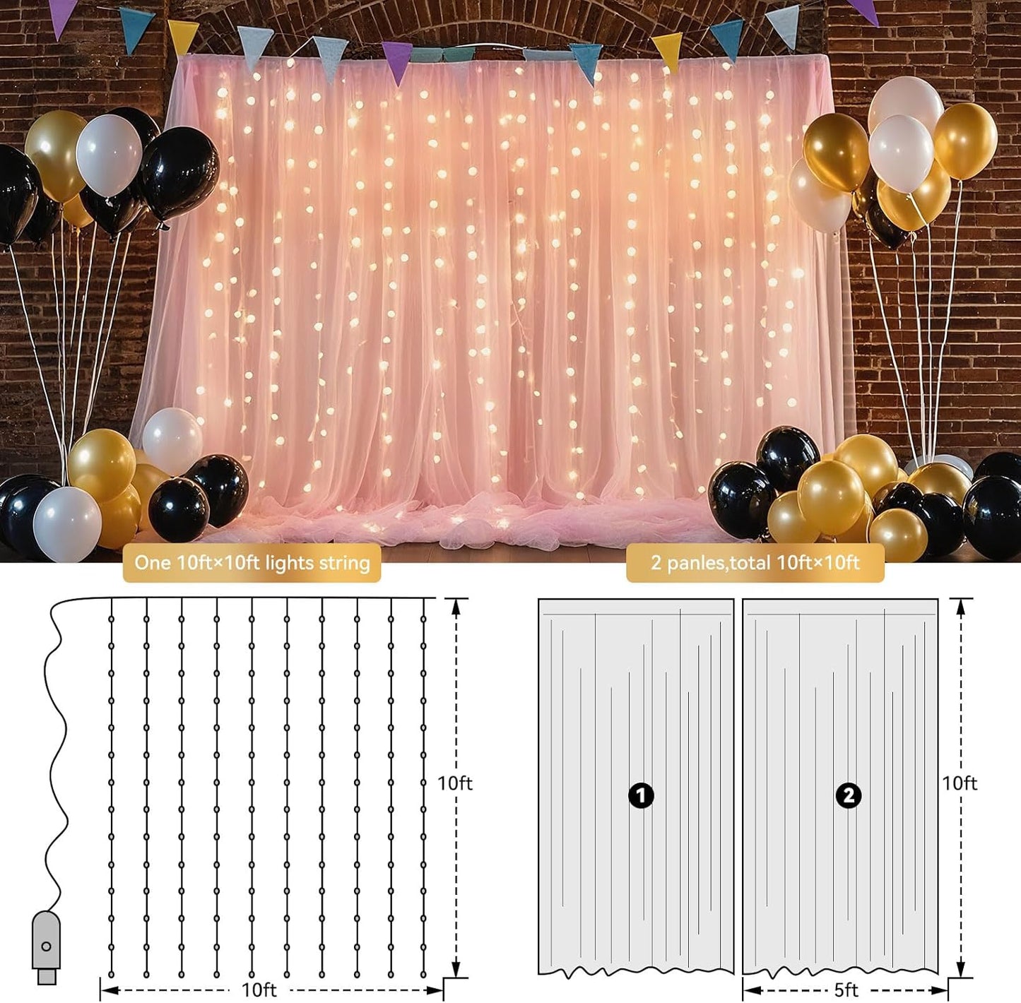 10×8ft Tulle Backdrop Curtains with Lights String - 300LED Fairy Lights Sheer Curtain Backdrop for Weddings Baby Shower and Birthday Party Decorations(4 Panels 5×8ft)